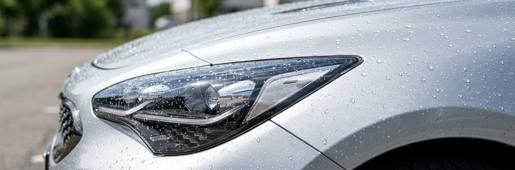 Generated image of a silver car headlight with water beads